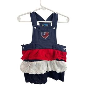 Lightning Bug Baby Overall Dress 18M Blue Red White Sequin Heart Americana Kids